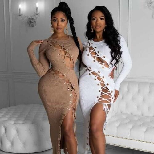 2020 New High Quality Bandage Dress Bodycon Hollow Out Knitted Long Sleeve Lace Up Gold Button Sexy High Split Night Party Women