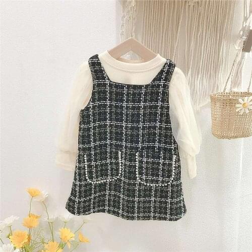 NEW Girls Kids Princess Clothes Set Autumn Mesh Long Sleeve Children Baby T-shirt Tops+Plaid Tank-Dress Sweet 2pcs Suit ADK402