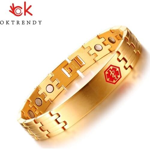 Oktrendy Health Care Magnetic Energy Stainless Steel Male Jewelry Free Engraving 12mm Medical Alert ID Bracelet for Men Bangle