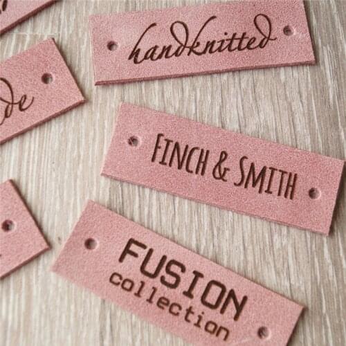 Personalized engraved leather labels, leather tags, care labels, labels for knitted products, Cork Leather Labels