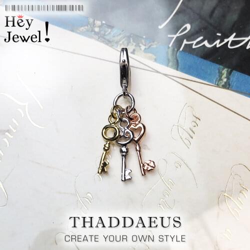 Classic Tri-colour Keys Charm Pendants Pure 925 Sterling Silver Gift For Women Key Shape Jewelry Fit Bracelet Collares 2019