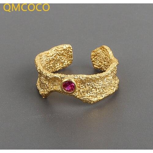 QMCOCO Open Adjustable Ring For Women 925 Silver Wave Matte Red Zircon Trend Sweet Sexy Elegant Handmade Hip-Hop Fashion Ring