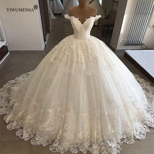 Luxury Sparkly Tulle Princess Ball Gown Wedding Dress Boho Saudi Arabia Short Sleeves Off The Shoulder Appliques Bridal Gowns