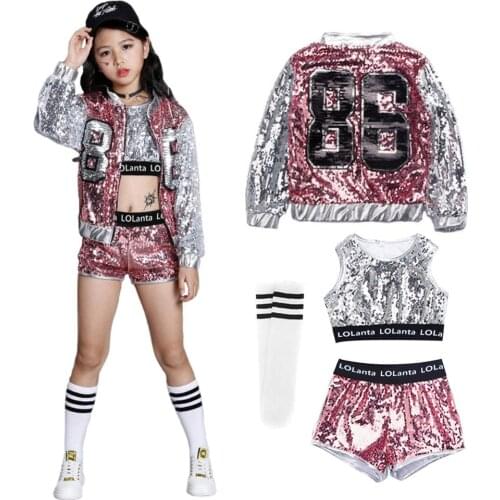 4-14 Years Girls Pink Sequin Crop Tops Shorts Jacket Dancewear Costume Hip Hop Modern Jazz Dance Stage Performance Wear