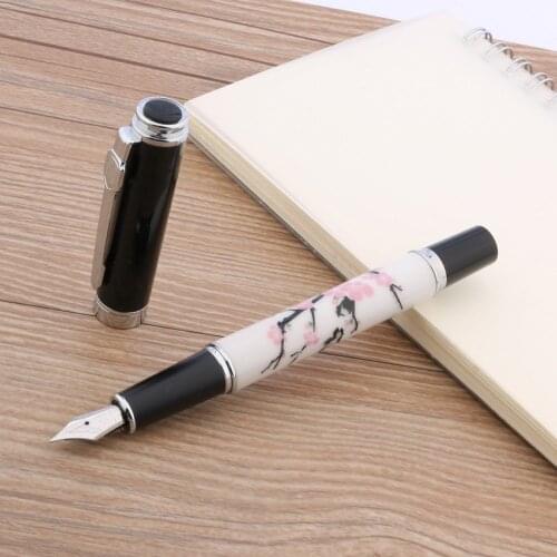 Elegante Jinhao 8802 Fountain Pen Birds and Wintersweet Painting Medium Nib Ink Pens For Stationery Office School Supplies