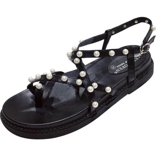 New Womens Summer Sandals dress shoes woman Roman Womens Open Toe Shoes pearl ladies Flat Shoes Comfortable Beach Sandals