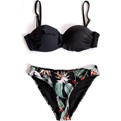 Push Up Sexy Bikini Floral Print Swimsuit Ruffle Swimwear Women Bandeau Ruched Biquini Black Beachwear Strap Bathing Suit 2021