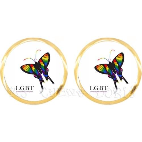 Butterfly Rainbow Earrings For LGBT Glass Dome Gay And Lesbian Pride Jewelry Parade Demonstration Stud Earrings For Women Men