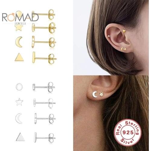 ROMAD 3/4/5/6mm 925 Silver Earrings Star Moon Round Triangle Stud Earrings 2021 Trend Gold Piercing Fine Jewelry Kolczyki
