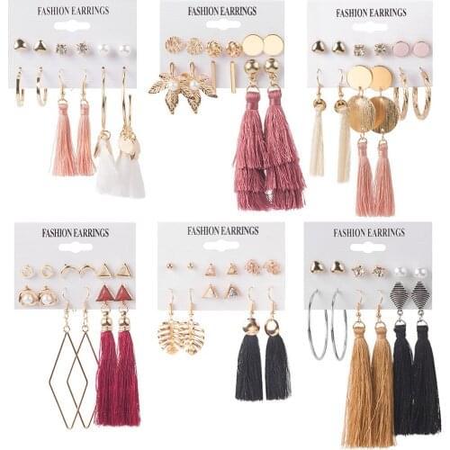 Ximei Pearl Earrings For Women Bohemian Fashion Jewelry 2020 Geometric Crystal Heart Stud tassel Earrings sets