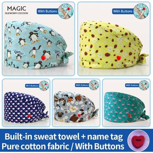 High Quality Cotton printing unisex Elastic Scrub Hat Bouffant Nurse Scrub Cap operating room pharmacy Dentist working cap