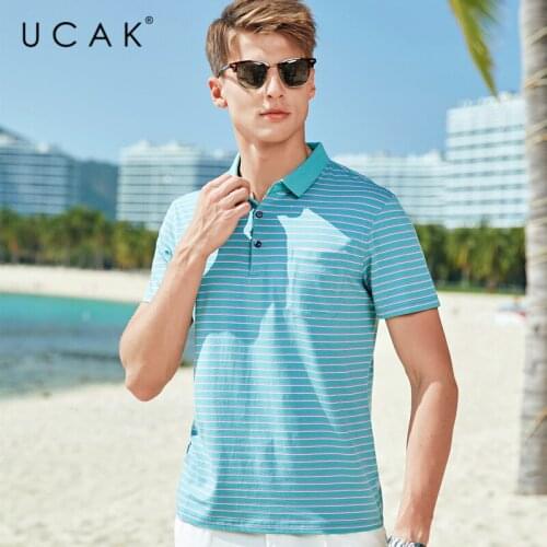 UCAK Brand Classic Turn-down Collar Striped T-Shirt Men Clothes Summer New Fashion Style Streetwear Casual Cotton Tee Tops U5587