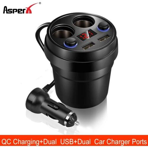AsperX USB Car Lighter Adapter Cigarette Splitter Socket Car Charger Adapter Dual USB QC3.0 12/24V 4 in 1 Adapter Led Display