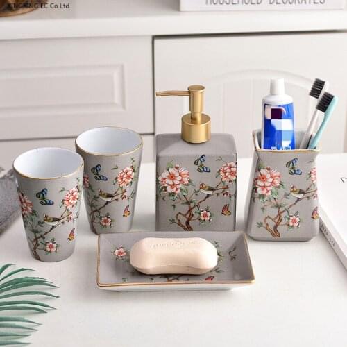 Bathroom Supplies Five-piece Toothbrush Holder Ice Cracked Glaze Ceramic Soap Dish Mouthwash Cup Hand Soap Bottle Wedding Gift