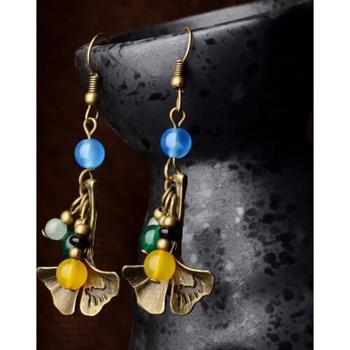 Ginkgo leaf vintage earrings, New Original handmade Aventurine dangle earrings ,New Ethnic jewelry humble ethnic earrings