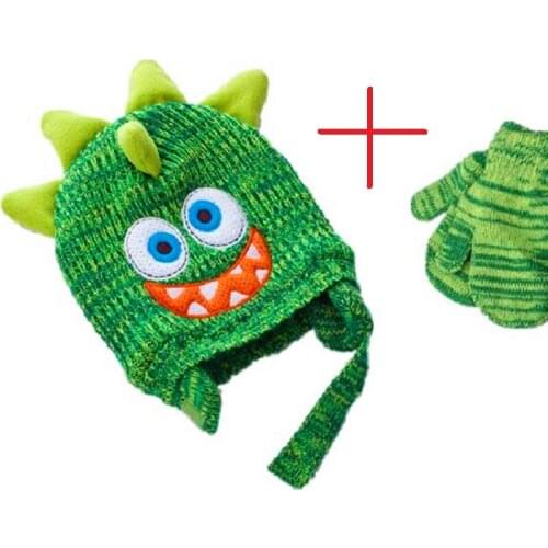 New Cartoon Cute Animals Green Dinosaur Monster Knitting Cotton Beanies Cap Plush Winter Warm Kid Fleece Lining Hat with Gloves