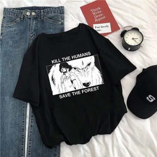 2021 Princess Mononoke Women t-shirts kpop print tee streetwear black Cotton short sleeve harajuku y2k top gothic kawaii clothes