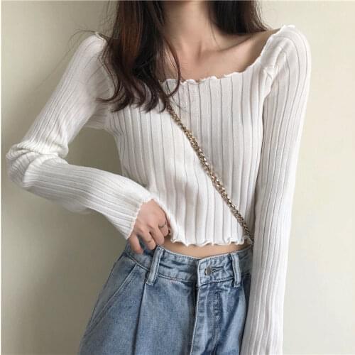 Woman TShirts Autumn Top Sexy Knitted Womens Short Long-Sleeved T-shirt Crop Top Mujer Camisetas
