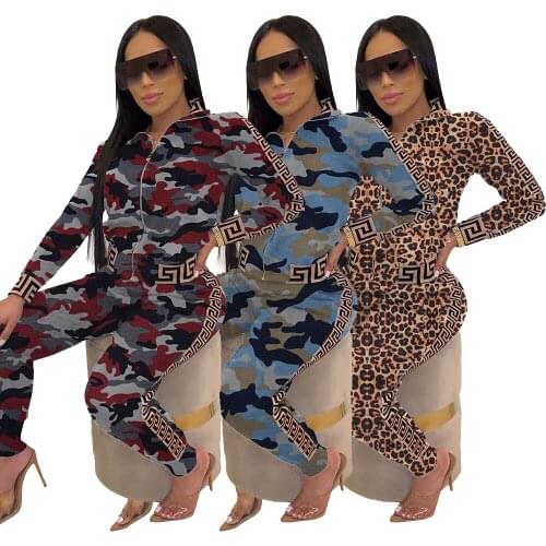 2021 Womens Patchwork Camouflage Leopard Print Casual Zipper Coat Two Piece Set