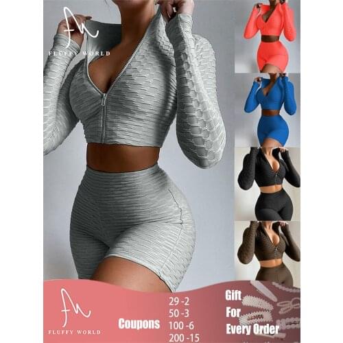 Two Pieces Suit Set Female Solid Color Stand Collar Long Sleeve Crop Tops with Zipper+ Short Pants Sports Suit Running Sets