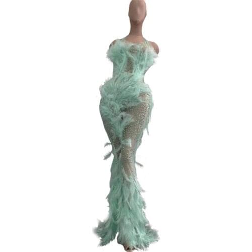 Women Celebrate Stage Outfit Dress Feather Mesh See-through Long Dresses Lady Birthday Banquet Evening Prom Show Dresses
