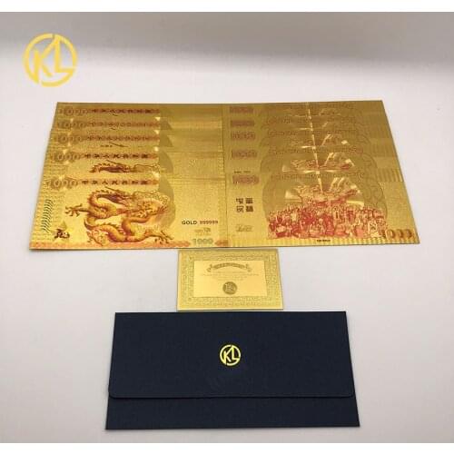 10 pcs/lot New 1000 Gold Foil Banknotes Chinese Dragon with Security Fake Money Bill for Bussiness Gift