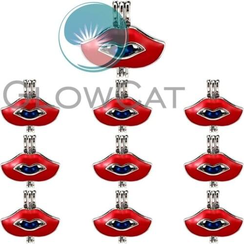 10x K943 Sexy Enamel Red Lips Beads Cage Pendant Perfume Essential Oil Diffuser Pearl Cage Locket Pendant
