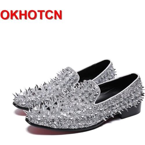 Bling Bling Silver Blue Spike Shoes Men Rivets Silp On Party Shoes Leather Wide Shoes Fashion Designer New Mens Large Size Shoes