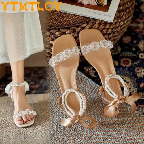 French Mid-heel Pearl Strap Sandals Womens Thick Heel 2021 Summer Bow Transparent One Word With Crystal High Heels