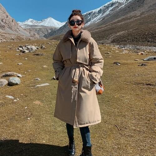 Long Winter Thick Womens Parkas Solid Casual Fur Collar Ladies Jackets with Sashes Wool Liner Oversized Female Coat for Lady