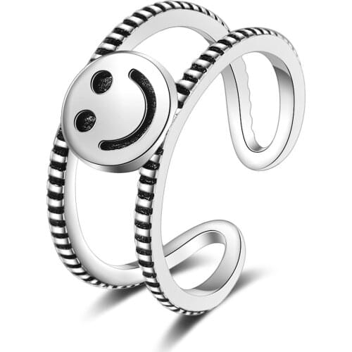 Double Layer Smiling Face Thai Ring 925 Sterling Silver Open Finger Ring For Minimalist Accessories Gift