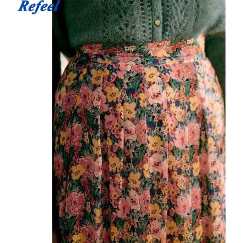 Elegant Red Floral Print Midi Skirts Womens Spring Pleated Skirt High Waist Zipper Chiffon Skirt