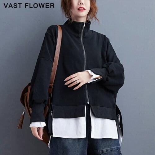 Patchwork Irregular Zipper Jacket Women Vintage Turtleneck Long Sleeve Fashion Loose Causal Jacket Coat Autumn Winter 2020