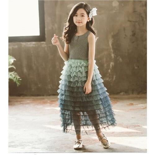 Girls baby summer new girls elastic blue pink fantasy starry sky fluffy fashion gradient color mesh beach holiday skirt