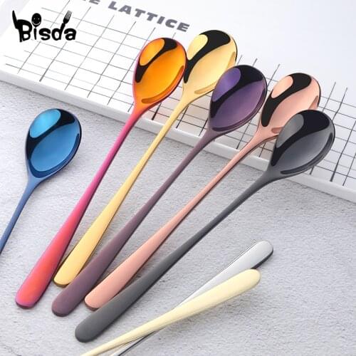 Stainless Steel Ice Spoon Long Handle Colorful Spoons Gold Salad Tools Dessert Mixing Scoop for tea Juice