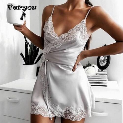 Sexy Sleepwear Women Lace Silk Satin Night Dress Sleeveless Nighties V-neck Nightgown Plus Size Nightdress Nightwear Sleepwear