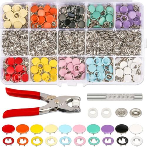 Plier Tool + 100/200 Set 10 Color Metal Sewing Buttons Hollow/Solid Prong Press Studs Snap Fasteners for Installing Clothes Bags