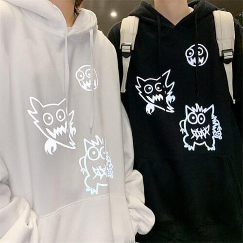 Casual Cartoon Reflective Hoodies Autumn Winter Tops High Street Sweatshirt Harajuku Men Women Black Pullovers Hoodies Males