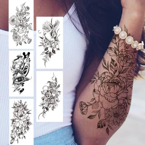 Rose Peony Flower Temporary Tattoo For Women Girls Triangle Eye Snake Tattoos Sticker Black Bird Fake Moon Decor Tatoos Floral