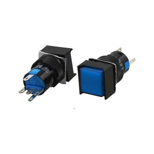 Self Locking DC 12V Neon Light Blue Square AC 5A/250V Pushbutton Switch