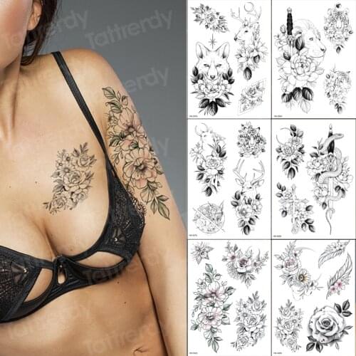 Sexy temporary tattoo minimalist vintage sketch flower tattoo designs black big waterproof women fashion tattoos 6pcs/lot sheet