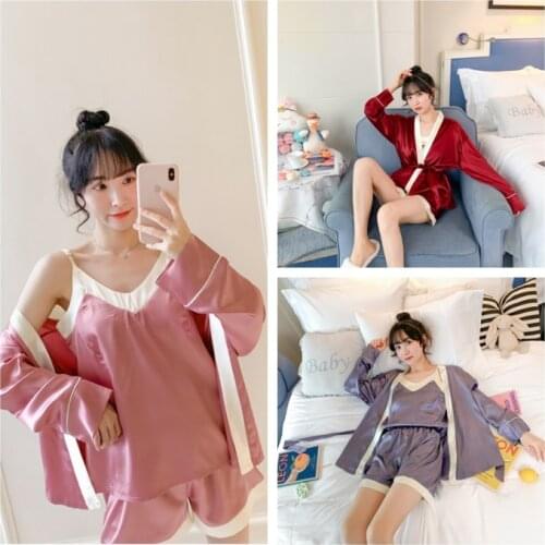 Summer Autumn 3 Pieces Set Silk Pijamas Women Sleepwear Set Long Sleeve Top Elastic Waist Pant Lounge Home Wear Clothes for Girl