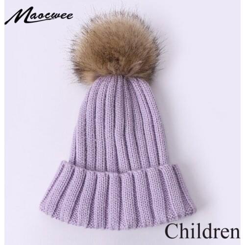 Faux Fur Pom Pom Beanie Children Winter Hat For Girls And Boys Knitted Beanies Outdoor Warm Thick Ski Cap Solid Color Kid Bonnet