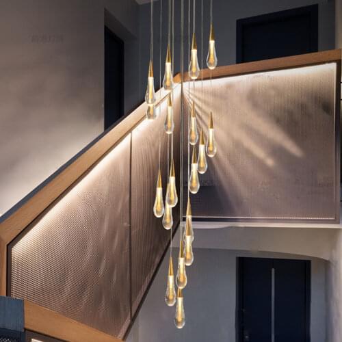 Long large staircase chandelier gold drop crystal lights villa living room kitchen island hanging lamps modern indoor lighting