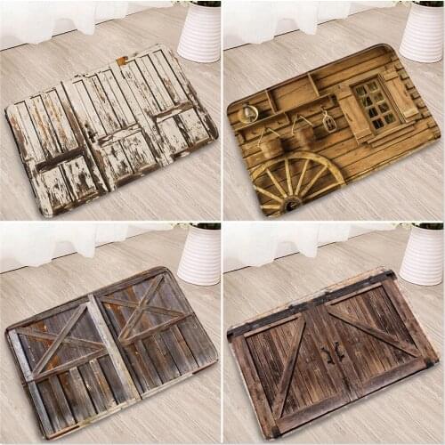 Old Wood Grain Bath Mats Vintage Doors Windows Doorway Kitchen Corridor Flannel Absorbent Non-Slip Carpets Washable Welcome Rugs