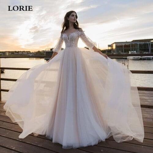 LORIE Lace Princess Wedding Dress Puff Sleeve A-Line Bridal Gowns Appliques Tulle Boho Wedding Gown Vestido de novia