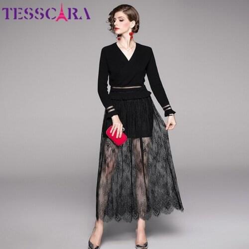 TESSCARA Women Spring & Autumn Elegant Long Maxi Dress Suit Set High Quality V-neck Mesh Party Robe Femme Lace Designer Vestidos
