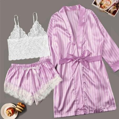 Spring and autumn ladies pajamas lace bra shorts bathrobe pajamas solid color pajamas ladies sexy pajamas set satin pajamas set