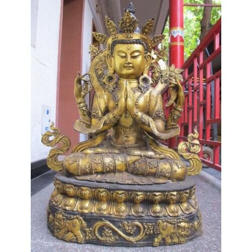 Xd 001386 38"Huge Tibet Bronze Gild Four armed kwan-Yin Sit Lions Buddha statue
