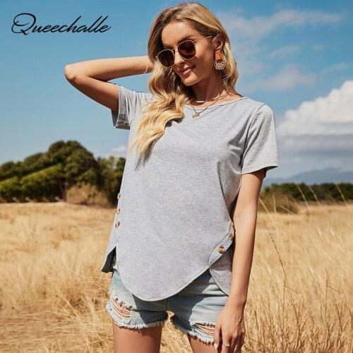 2021 Summer T shirt for Women Gray Irregular Casual Loose Tee Top Solid Color Round Neck Short Sleeve Button Pullover T-shirts